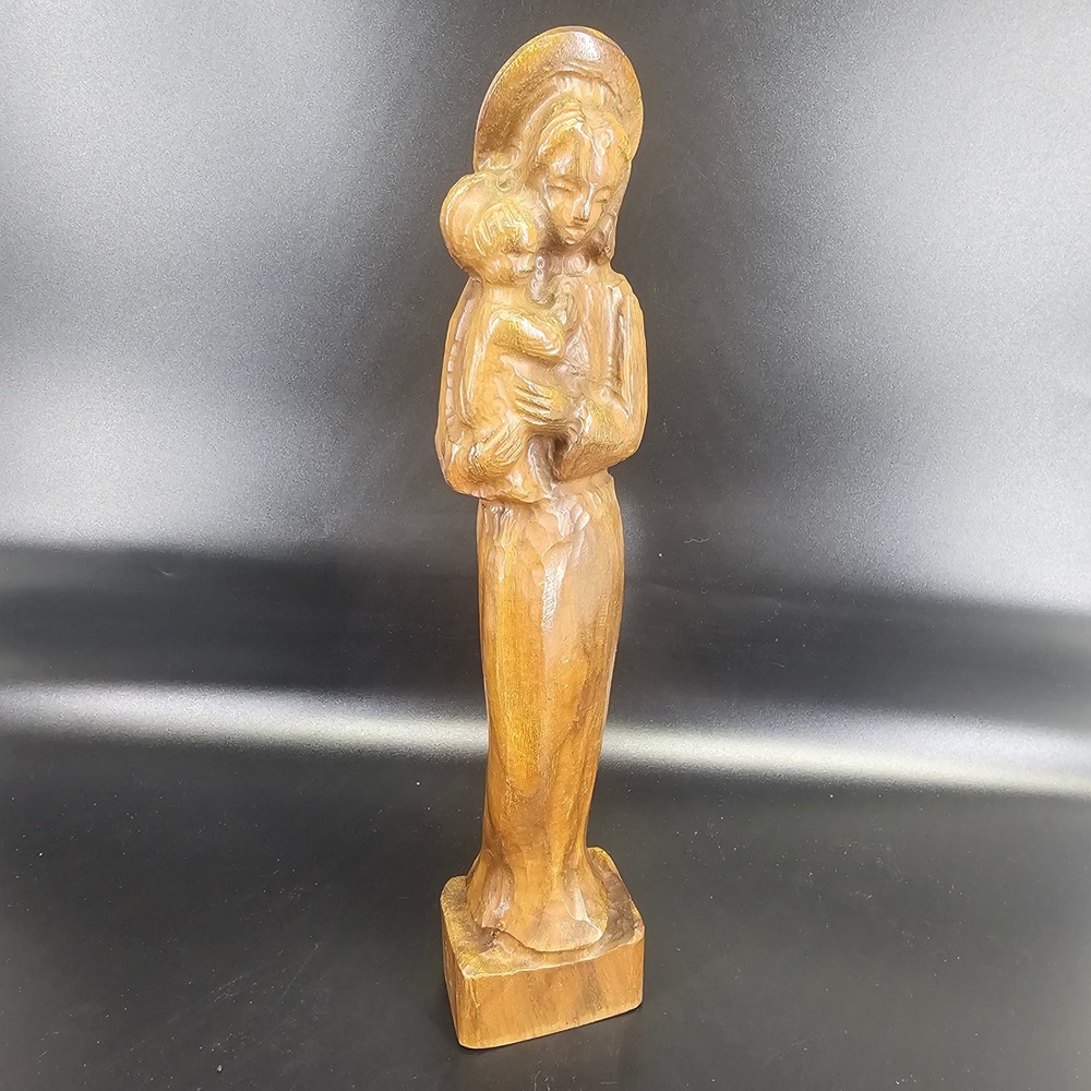 Statue 12.5in ‎ black forest 1940s Wood Carved Madonna Child Virgin Mary